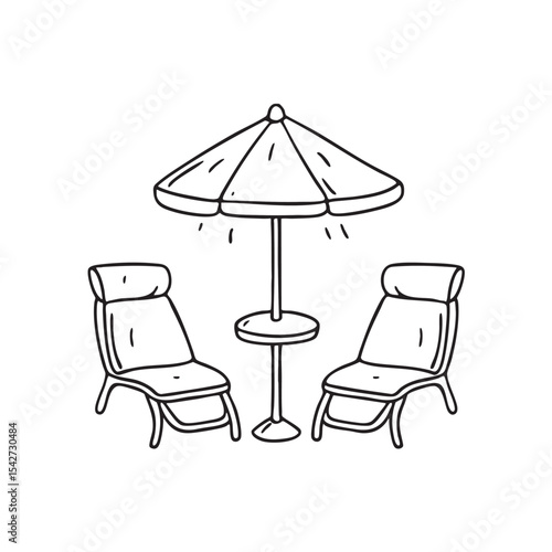 A dusty umbrella table beside unused lounge chairs at a resort