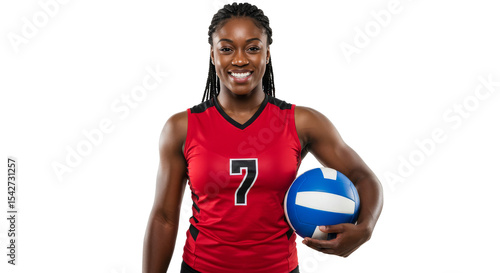 Volleyball Player Portrait: Number 7, Red Jersey, Blue Ball