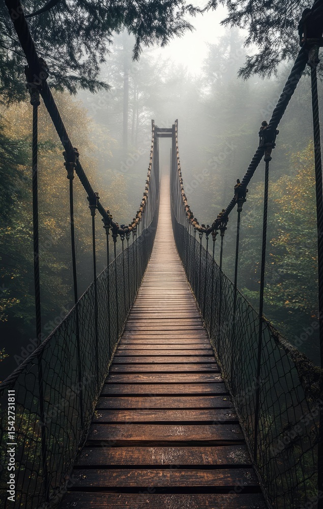 Obraz premium Misty suspension bridge through a forest (2)