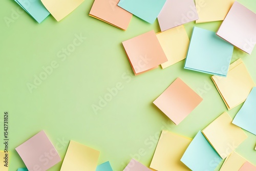 Floating Pastel Paper Squares on Yellow Green Background
