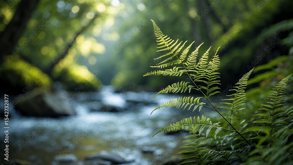 Obraz premium Fern frond detail by flowing stream in lush green forest