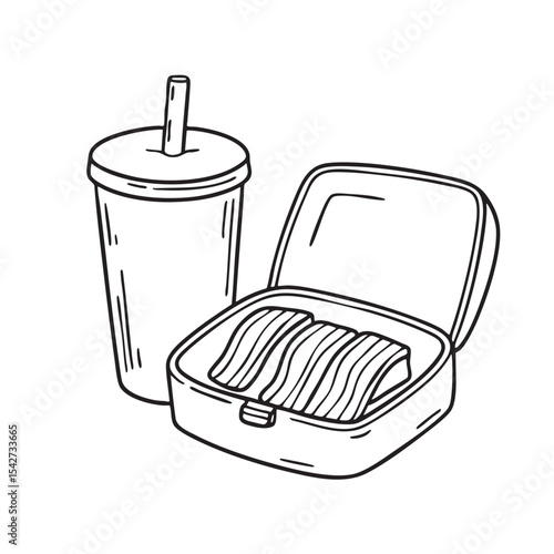 A slice of unagi inside a lunchbox with a cold drink nearby