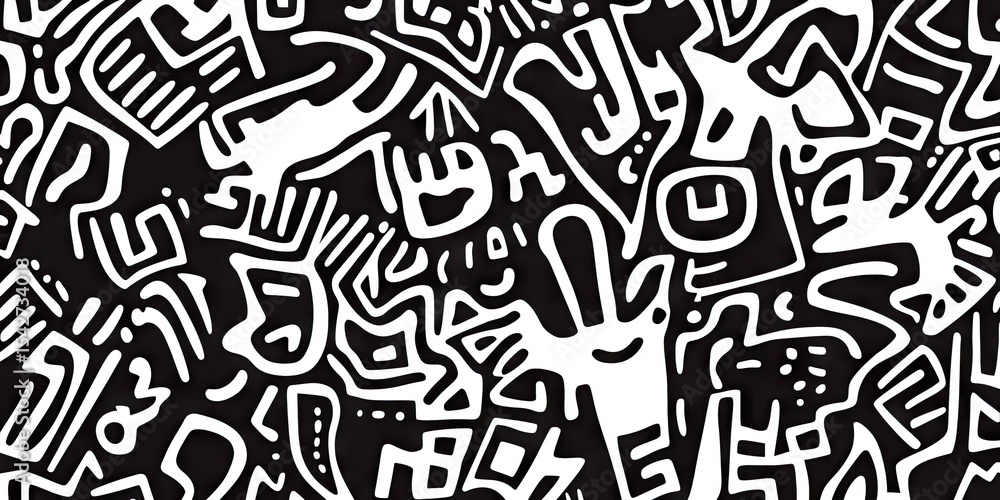 Abstract black and white pattern with intricate, stylized shapes Abstract black and white pattern with intricate, stylized shapes