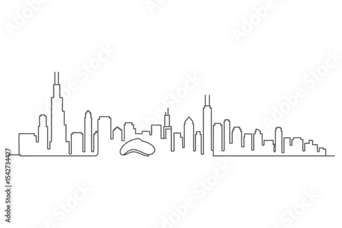 Chicago Cityscape Skyline Outline Illustration with Bean Sculpture