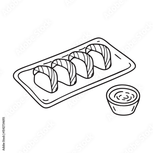 A tray of unagi rolls placed beside an empty wasabi wrapper