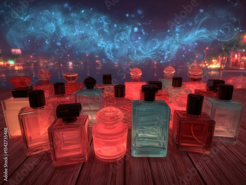 Perfume bottles arranged on a wooden surface at night, glowing softly
