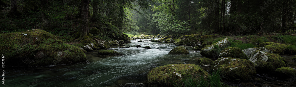 In a wide - format banner, against the forest background, a stream flows through woods, stones lie in clear water, surrounded by greenery, quiet and profound. In a wide - format banner, against the forest background, a stream flows through woods, stones lie in clear water, surrounded by greenery, quiet and profound.