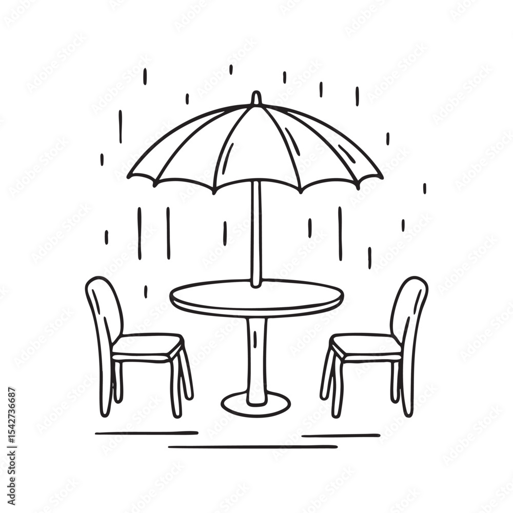 A damp umbrella table surrounded by wet chairs A damp umbrella table surrounded by wet chairs