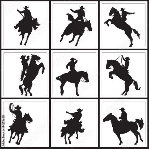bronc rider silhouette set, Black & White silhouette set 
