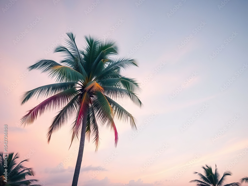 Tall palm tree with vibrant green leaves stands against pastel colored sky during sunset, evoking serene tropical vibe Tall palm tree with vibrant green leaves stands against pastel colored sky during sunset, evoking serene tropical vibe