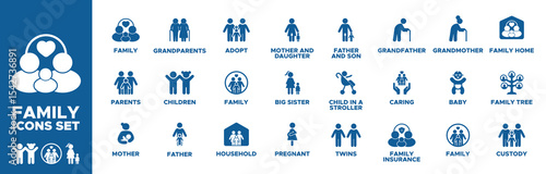 Family icon set. parents, mother, father, children, grandparents, adopt, family, household, pregnant, big sister, mother and daughter, father and son icons. Solid icon collection. Vector illustration.