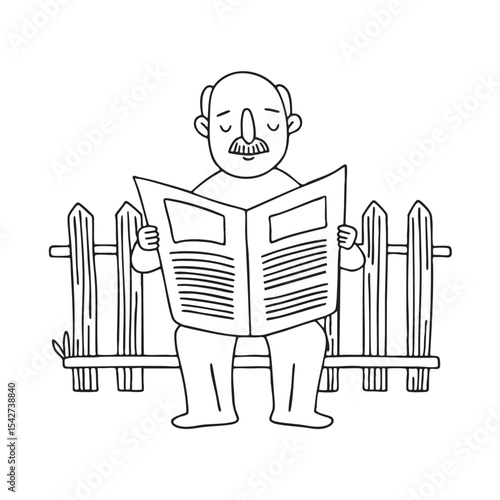 An uncle seated on a chair by the garden fence, reading the paper