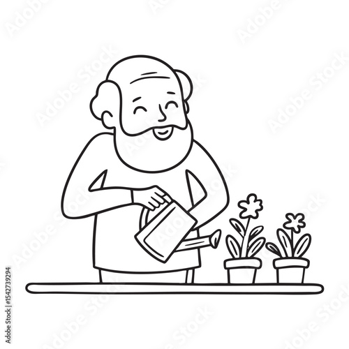 An uncle humming while watering plants next to flower pots