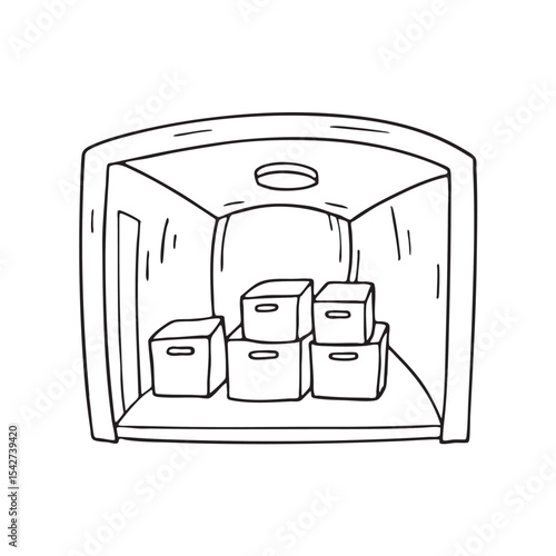 Boxes marked supplies stacked inside an underground chamber