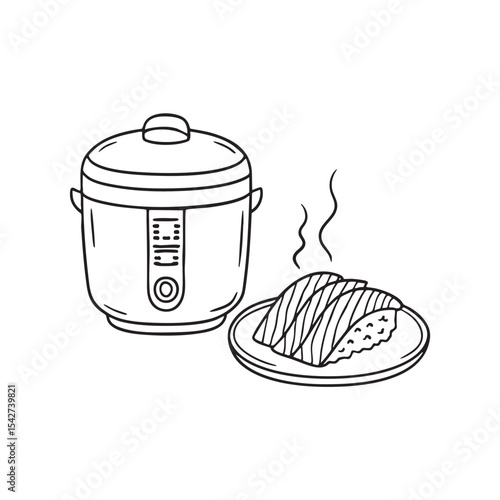 Grilled unagi cooling beside an open rice cooker on the counter