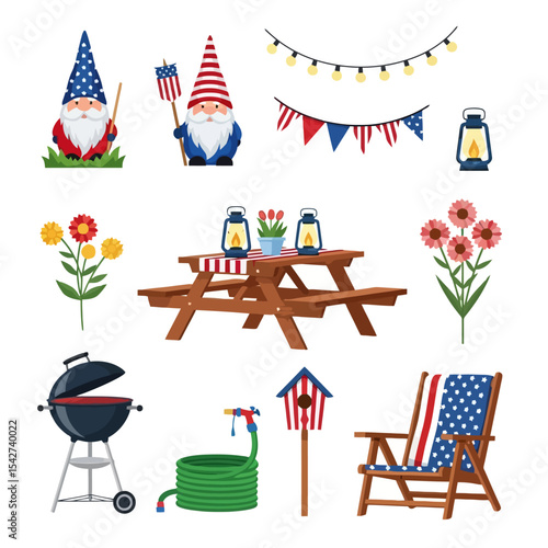 Patriotic 4th of July Picnic Set: Gnomes, BBQ & Decorations
