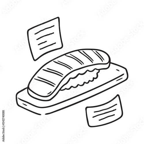 Handwritten menu set beside a grilled unagi dish