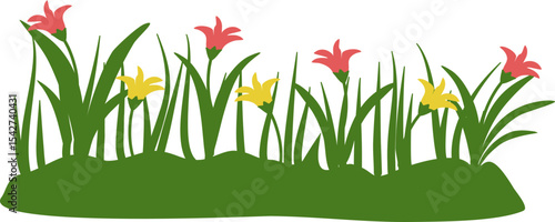 Spring Meadow with Red and Yellow Flowers, Simple Illustration