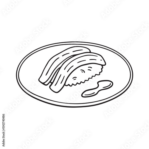 A ceramic plate holding unagi beside spilled soy sauce