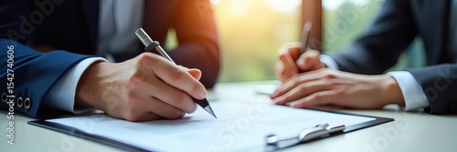 Close-up of two people in suits signing documents on a table
