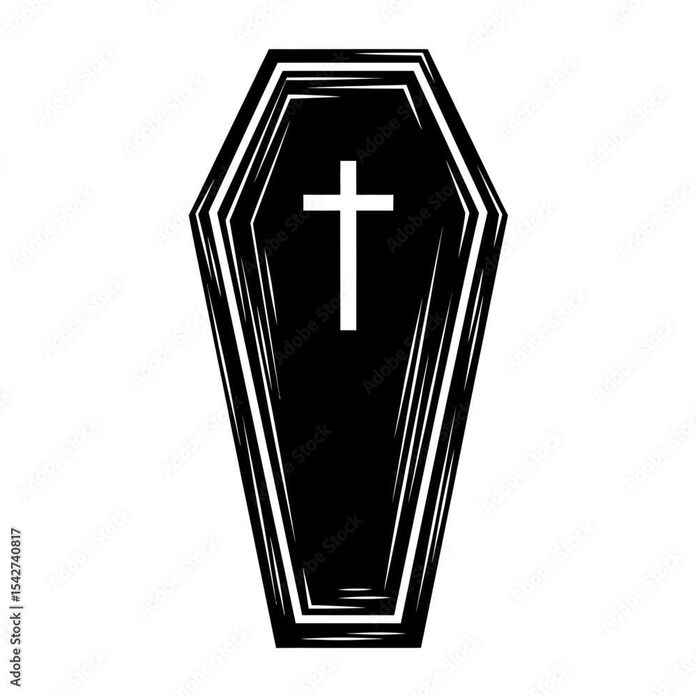 Obraz premium Black coffin with a white cross isolated on white background
