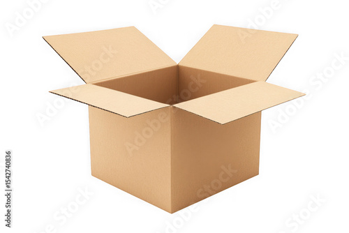Open cardboard box mockup, empty carton container, packaging and shipping box, brown paper box illustration, isolated on transparent background