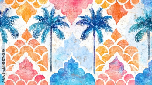 Seamless Multicolored Watercolor Moroccan Pattern with Stylized Palm Trees and Geometric Texture , Creative Repeat Modern Pattern with Ornamental Design