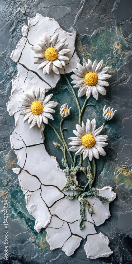 Obraz premium White daisy bouquet on cracked, textured surface