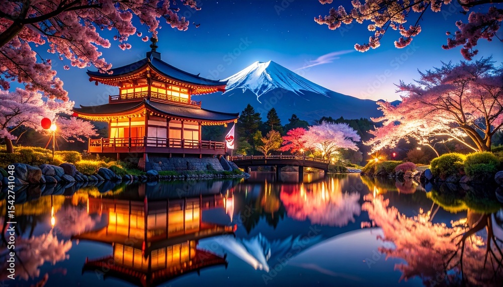 Fototapeta premium Serene Japanese Garden at Dusk with Mount Fuji and Cherry Blossoms