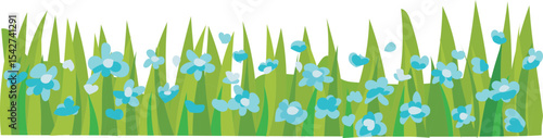 Wild Grass with Blue Flowers vector border for nature, spring, landscape, and garden decoration