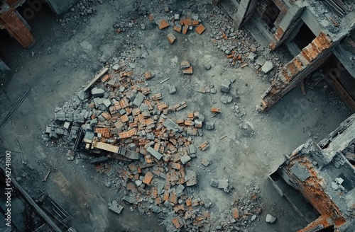 High-angle view of a demolished building site, rubble and debris scattered across the ground