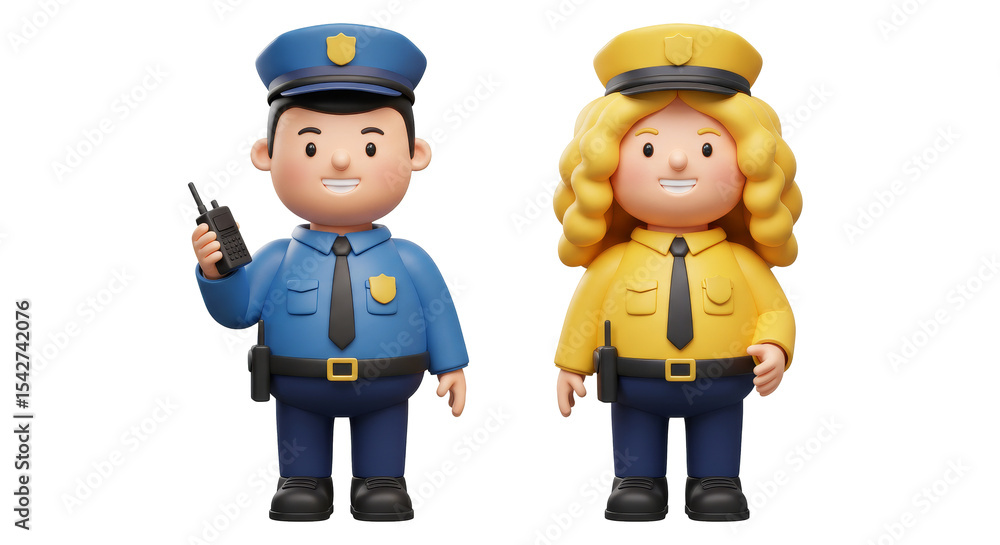 Cartoon Police Officers: 3D Cops, Man and Woman in Uniform Cartoon Police Officers: 3D Cops, Man and Woman in Uniform