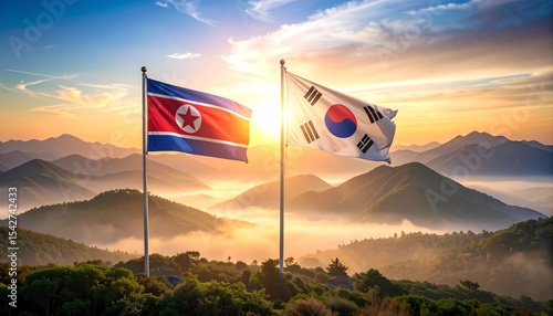 North and South Korea Flags at Sunrise Over Majestic Mountains A Symbol of Hope for Peaceful Reunification
