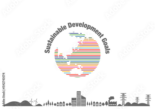 SDGsをイメージした17色の地球のロゴと街並みの背景素材