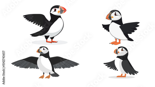 Black and White Puffin Standing with Wings Slightly Spread – Minimalist Wildlife Vector Illustration