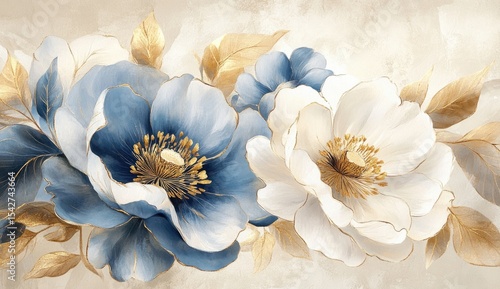 Floral art print, pale cream background,  blue and white blooms, gold accents