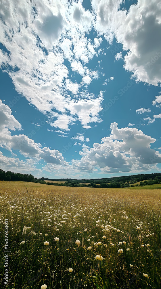 Fototapeta premium Serene Summer Landscape Golden Field Under a Vast Blue Sky with Fluffy Clouds
