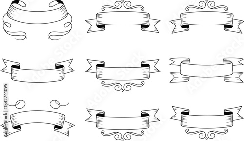 Collection of hand drawn blank ribbons and banners in black and white for design elements