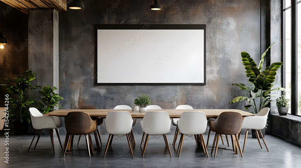 Modern Conference Room Long Wooden Table, White Chairs, Blank Screen Modern Conference Room Long Wooden Table, White Chairs, Blank Screen