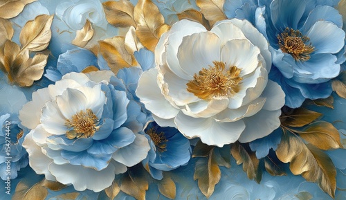 Delicate, 3D-like floral design with light blue and white peonies, gold accents, and leaf details