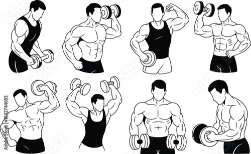 Black and white illustrations of muscular men exercising with dumbbells in various poses