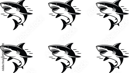 Vector illustration of swimming sharks with open jaws and sharp teeth in aggressive mode
