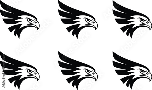 Six black and white eagle head logos depicted in a simple and professional style