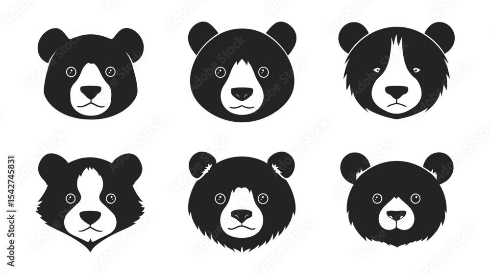 Fototapeta premium Black Panda Face Icon Set – Vector Silhouette Collection