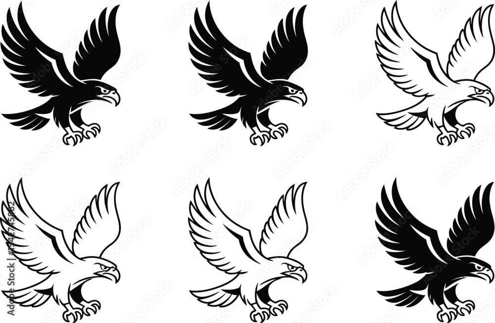Naklejka premium Vector illustrations of soaring eagle emblems in black and white color variations on a white background