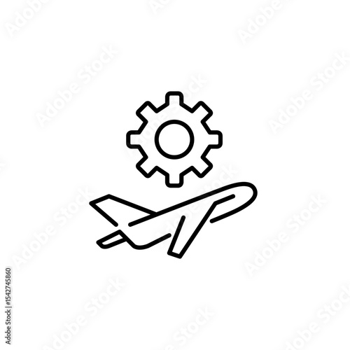 Airplane taking off and cogwheel. Maintenance, flight operations setup, aircraft system tuning, aviation technology settings, mechanical flight control. Pixel perfect, editable stroke vector icon