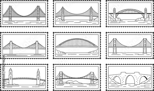Collection of illustrated bridges on stamps vector design in black and white for design