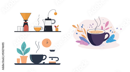 Black Coffee in a Cup with Steam – Vector Illustration