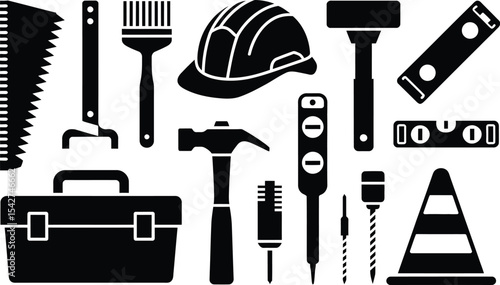 Construction tools and equipment silhouettes arranged on a white background for various applications