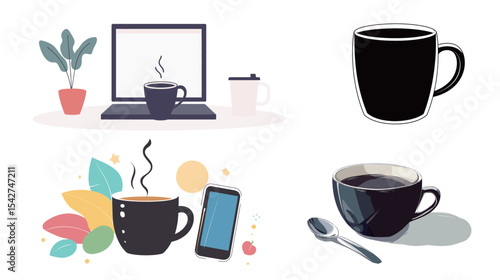 Black Coffee in a Cup with Steam – Vector Illustration